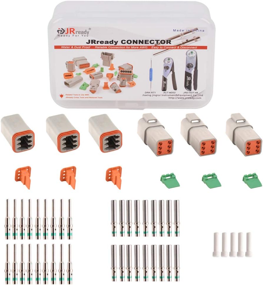 DT Connector 2 Pin Gray Waterproof Electrical Wire Connector with Deutsch Solid Contacts 14-20 AWG and Sealing Plugs, 3 Sets G1407