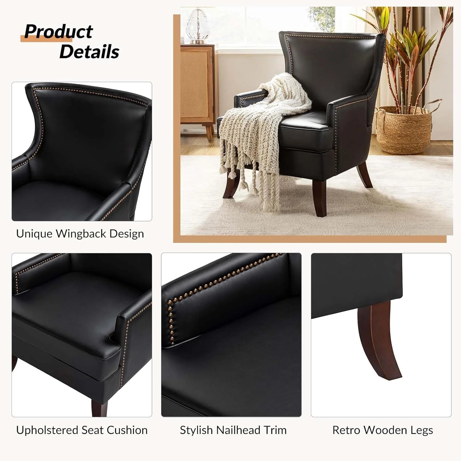 Black Faux Leather Wingback Accent Chairs Set Of 2 B841
