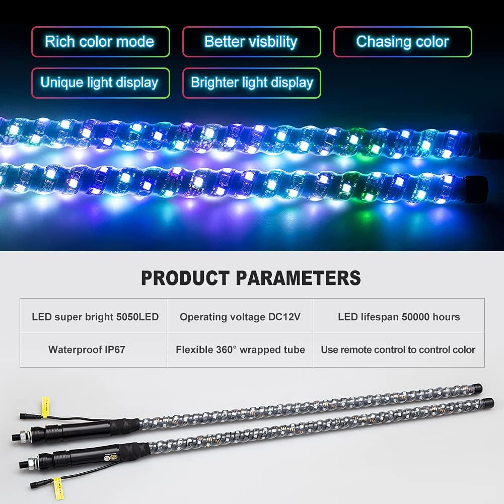 2pc 3ft LED Whip Lights RGB Spiral Whip Lights with Remote Control I860970