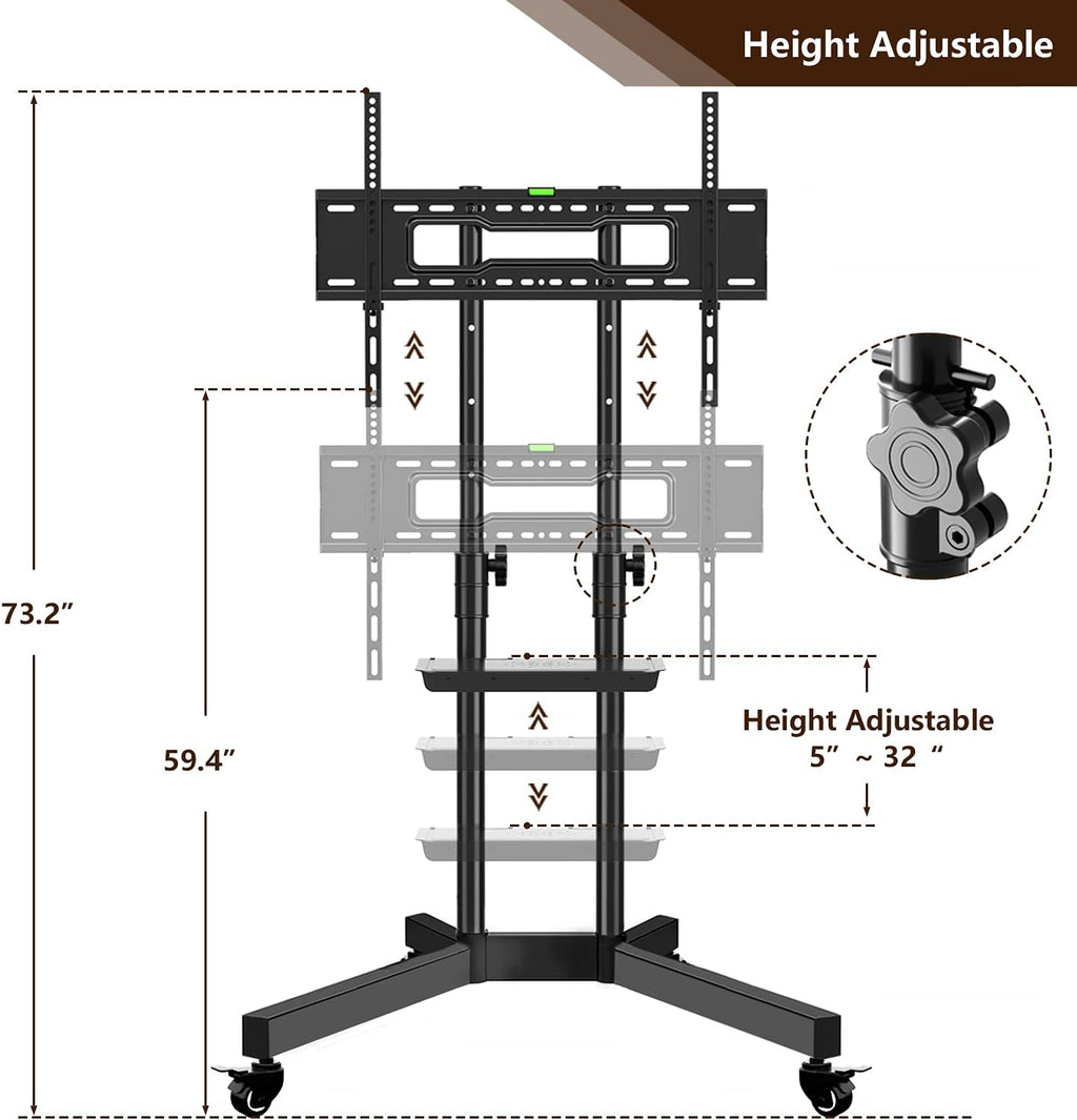 Mobile TV Stand with Wheels, Height Adjustable Rolling TV Stand with Laptop Shelf, Max VESA 600x400, Black J199