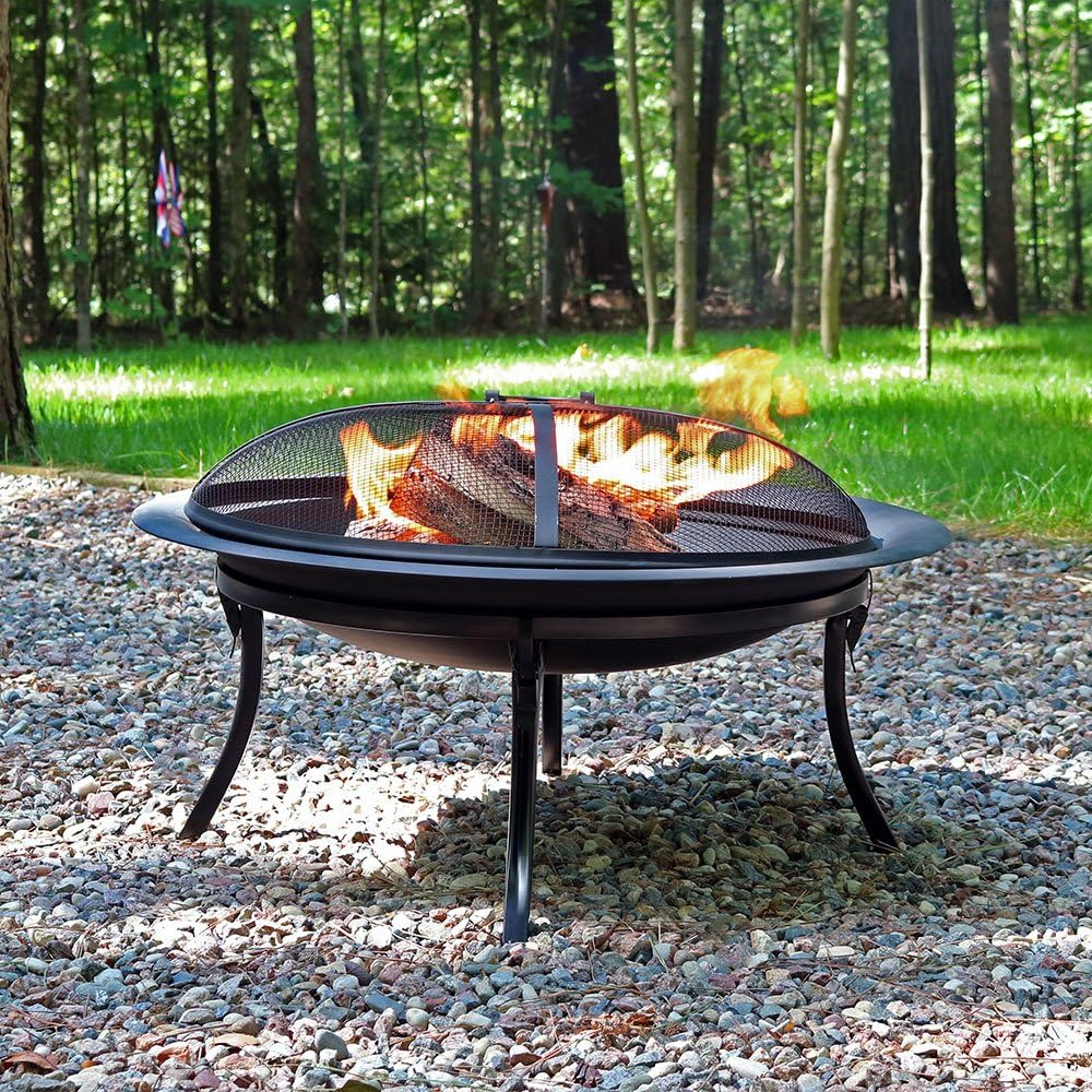 29 Inch Round Wood Burning Fire Pit Bowl with Spark Screen and Folding Stand D241