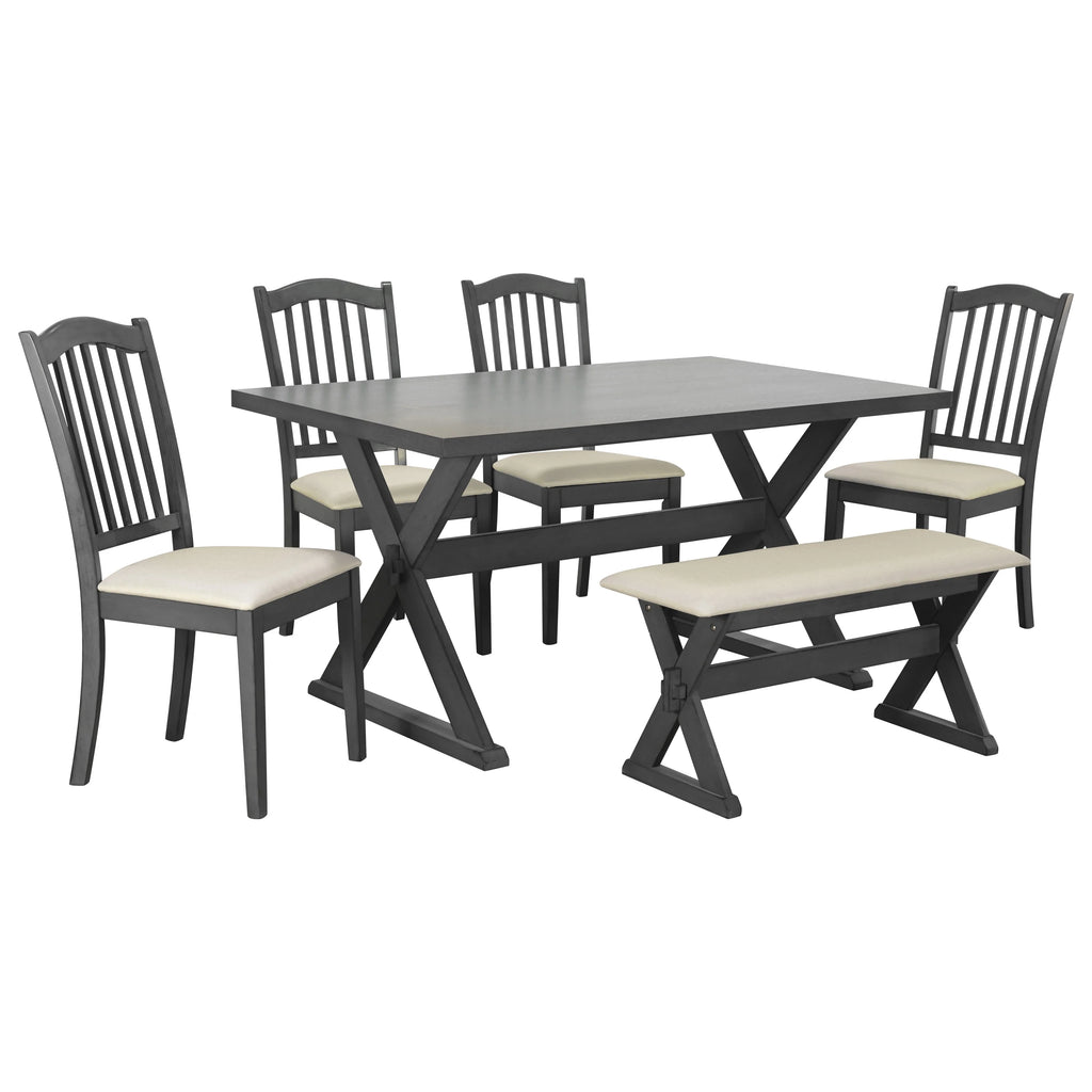 6 Piece Wood Dining Table Set with Bench and 4 Cushioned Chairs V347293