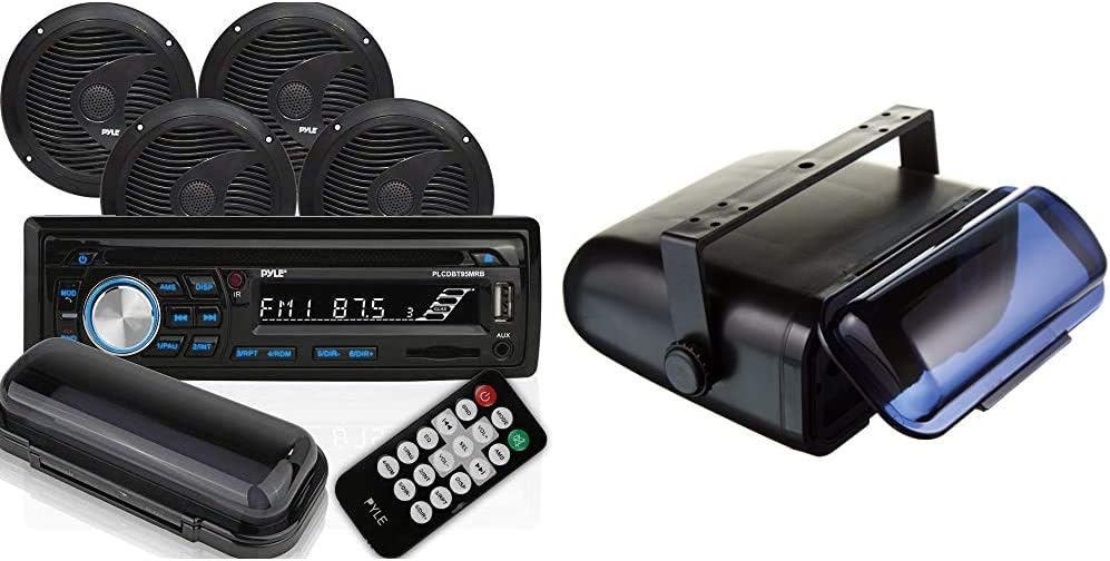 Black Waterproof Marine Audio Stereo Kit with Single DIN Radio Receiver, CD Player, AM/FM Radio Y90101