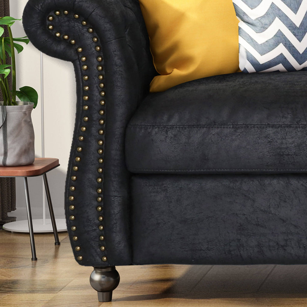 Navy Blue Tufted Microfiber Sofa with Scroll Arms A87942