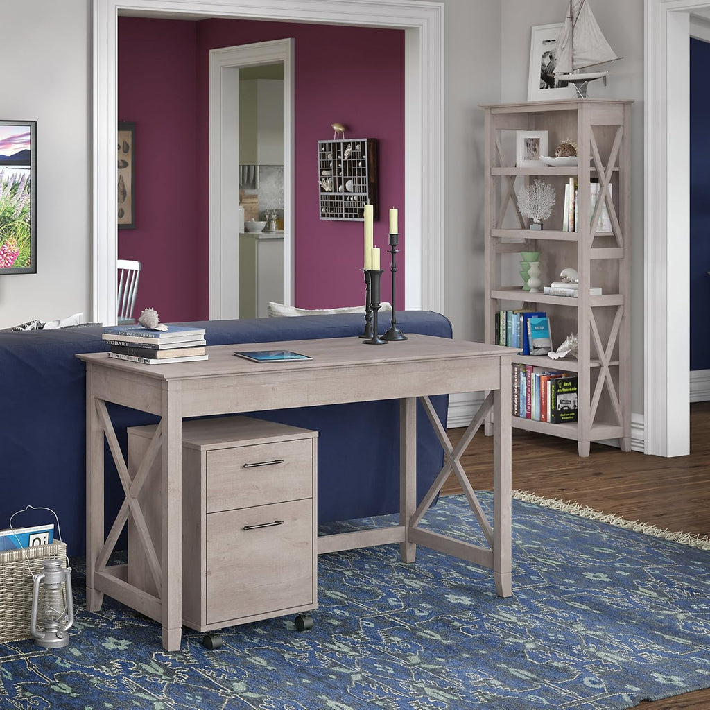 48W Writing Desk with 2 Drawer Mobile File Cabinet and 5 Shelf Bookcase F649213