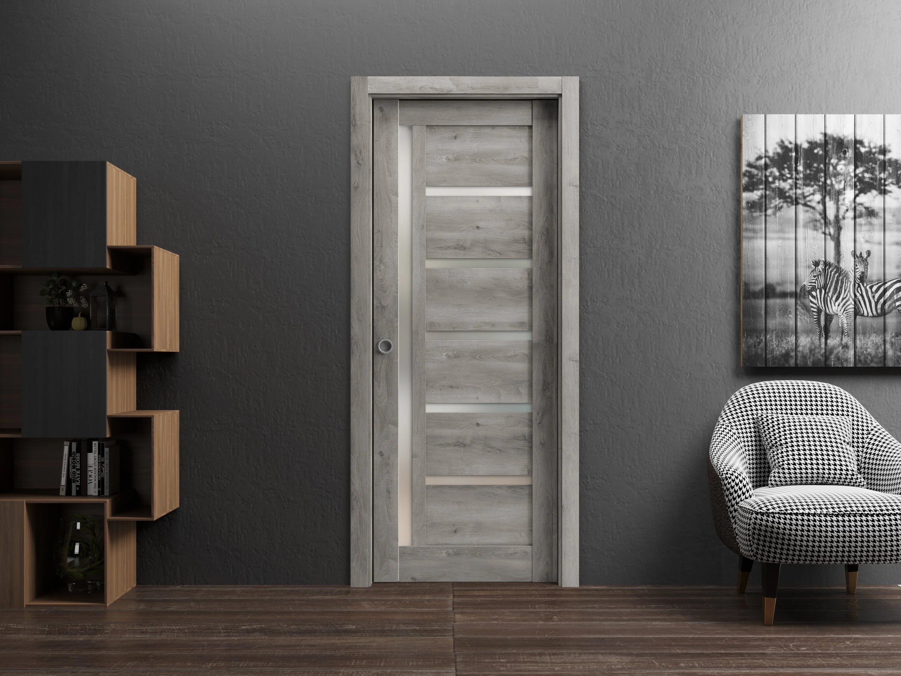 Solid Wood Sliding French Pocket Door with Frosted Glass M537261