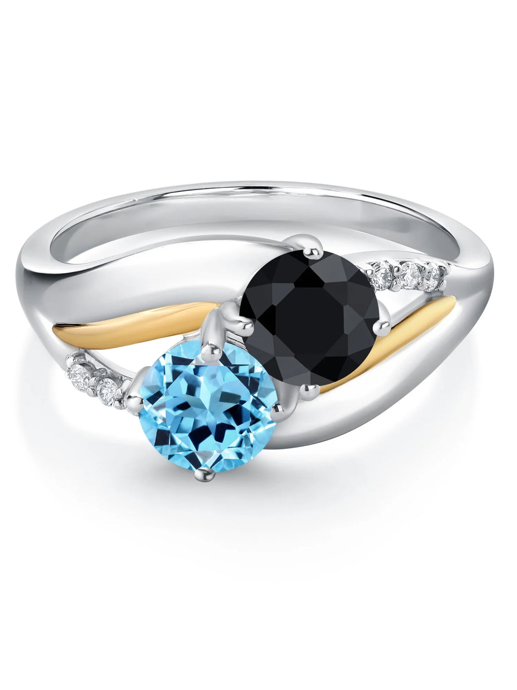 925 Sterling Silver 10K Yellow Gold Swiss Blue Topaz Black Sapphire Lab Grown Diamond 2 Stone Engagement Ring (1.38 Cttw, Round) G41383