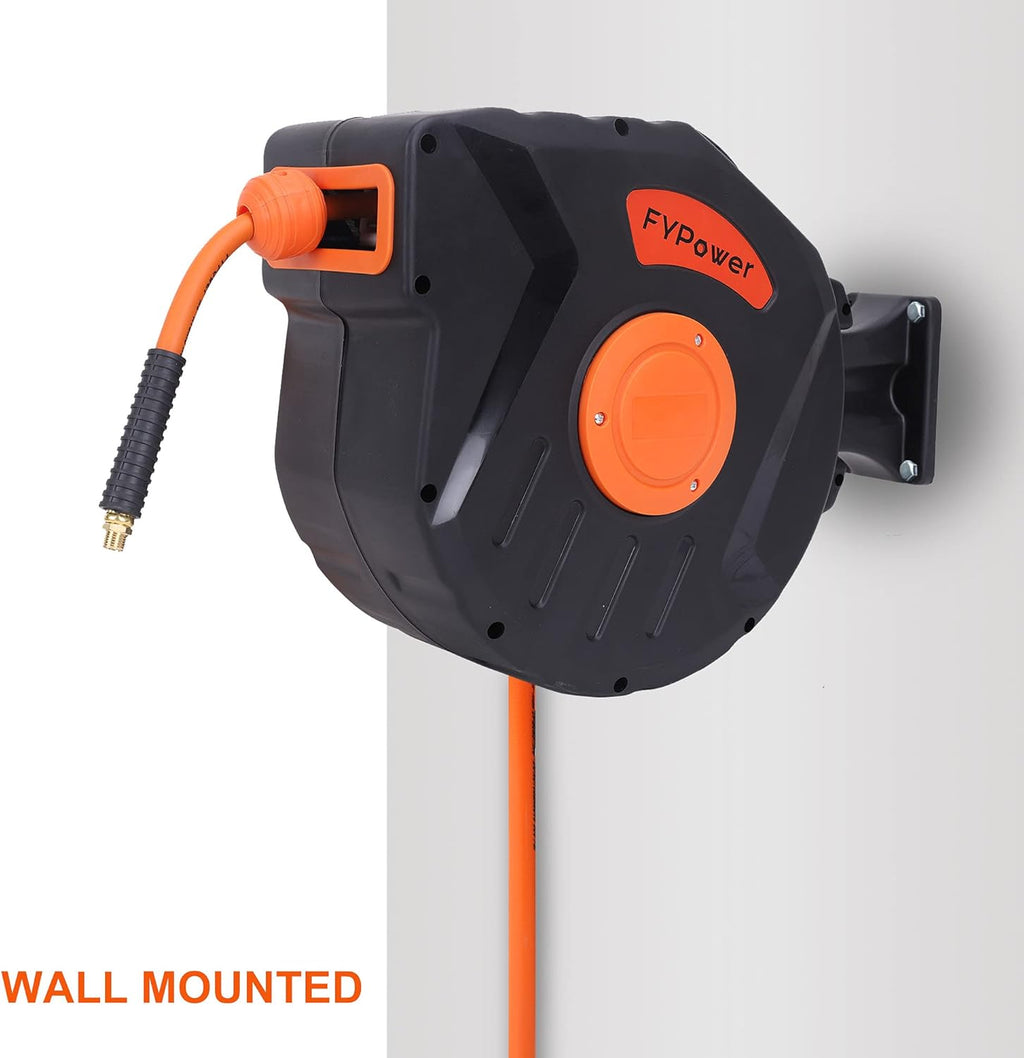 Air Compressor Hose Reel with Automatic Retractable Enclosed 3/8 inch x 50 ft Hybrid Air Hose, 1/4" NPT Brass Coupler and Plugs, 6 ft Lead in, Wall Mounted 180° Swivel, 300PSI S68164