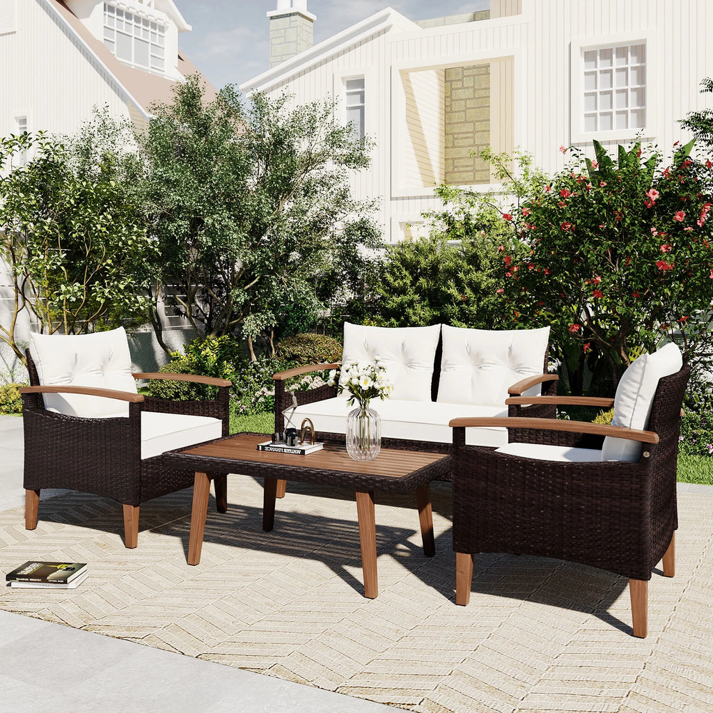 4-Piece PE Rattan Outdoor Sofa Set with Wood Table and Legs J1600