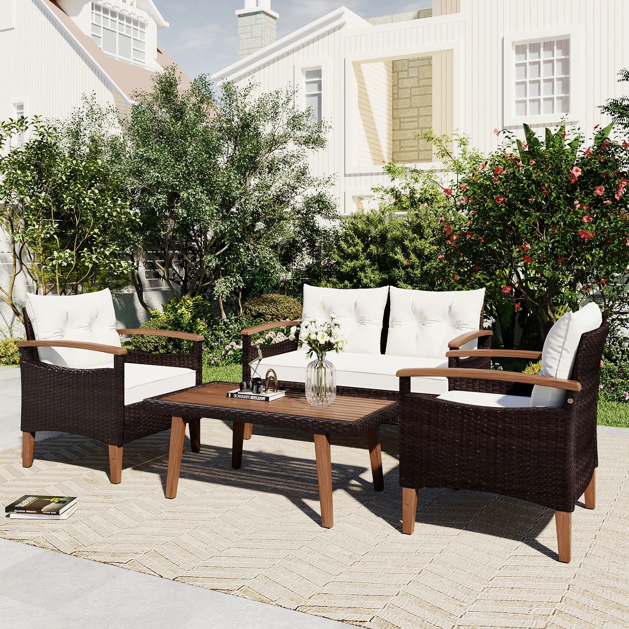 4-Piece PE Rattan Outdoor Sofa Set with Wood Table and Legs J1600