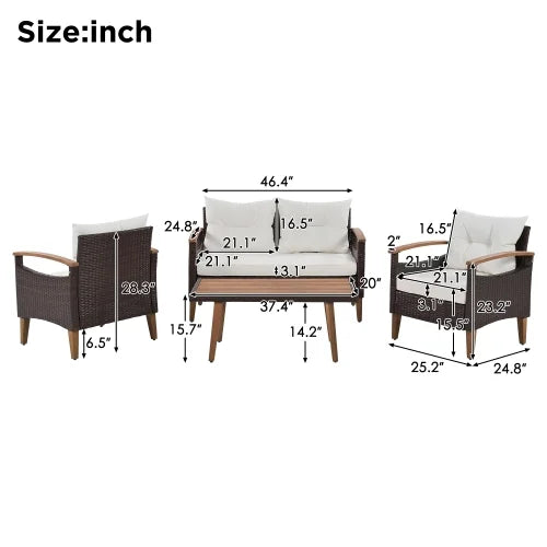 4-Piece PE Rattan Outdoor Sofa Set with Wood Table and Legs J1600