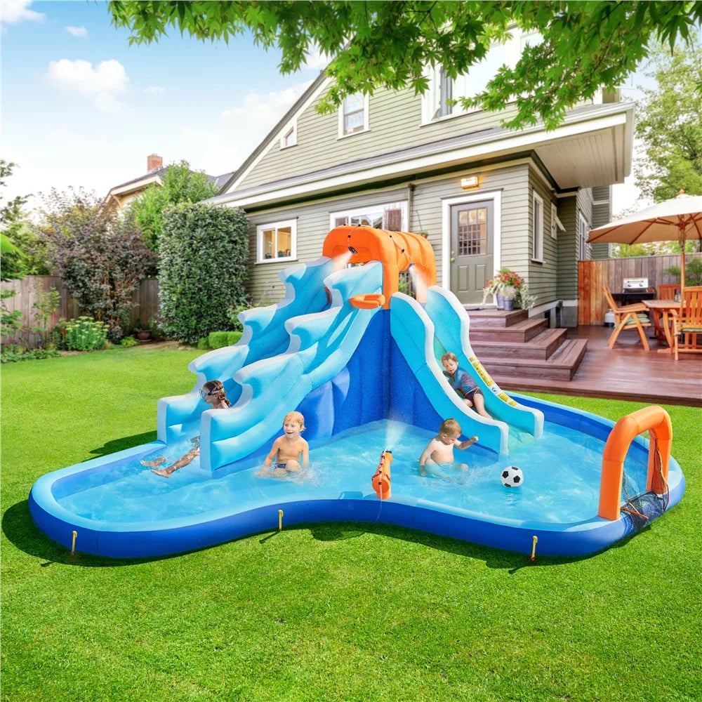 6-in-1 Dual Lane Inflatable Water Slide with 650 W Blower O296