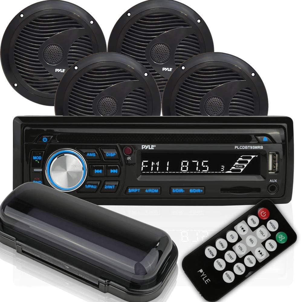 Black Waterproof Marine Audio Stereo Kit with Single DIN Radio Receiver, CD Player, AM/FM Radio Y90101