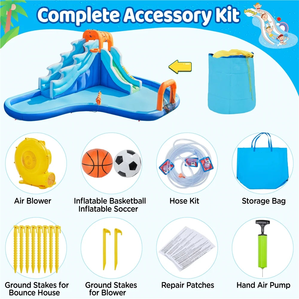 6-in-1 Dual Lane Inflatable Water Slide with 650 W Blower O296