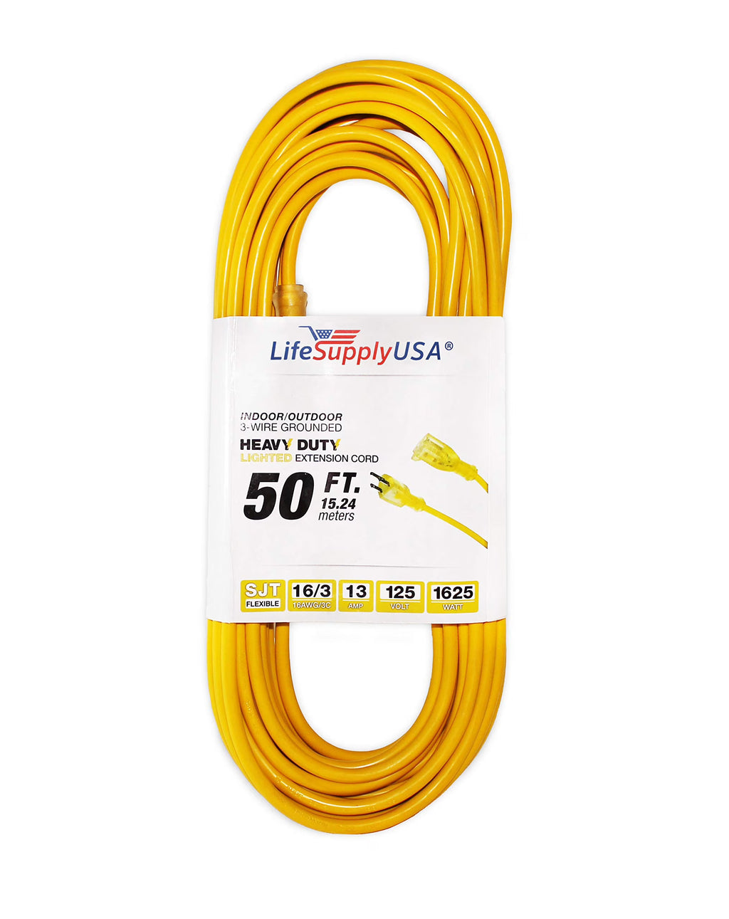 50ft Heavy Duty Extension Cord, 16/3 SJT, 13A, 125V, 1625W, Lighted End X398