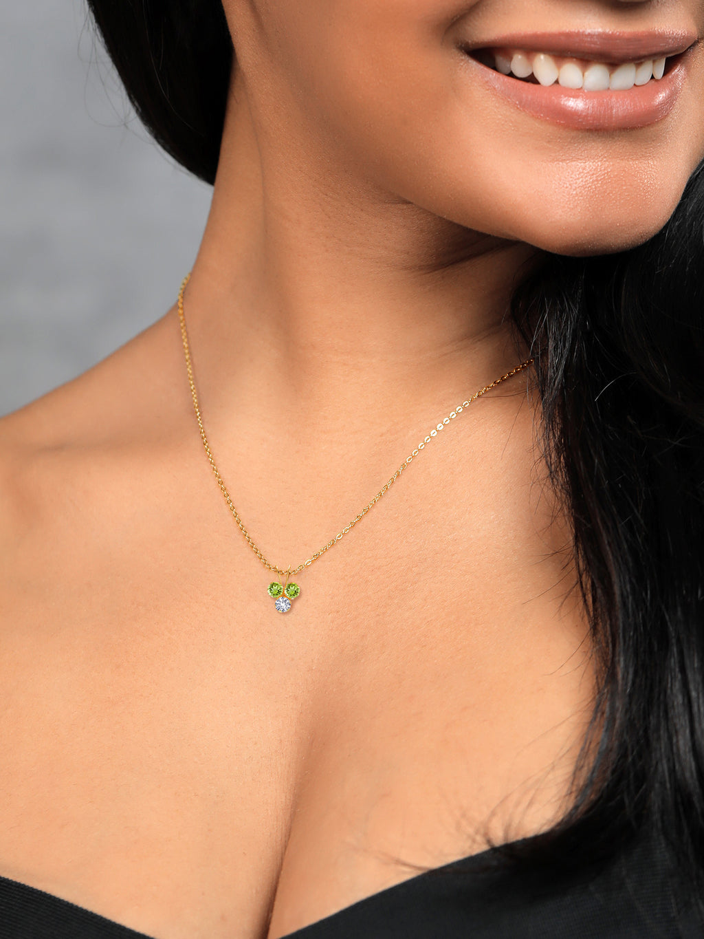 14K Yellow Gold Green Peridot and White Created Sapphire 3-Stone Pendant Necklace N4083