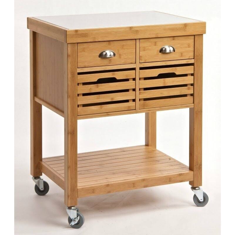 Stainless Steel Top Bamboo Wood Kitchen Cart with Casters M852605