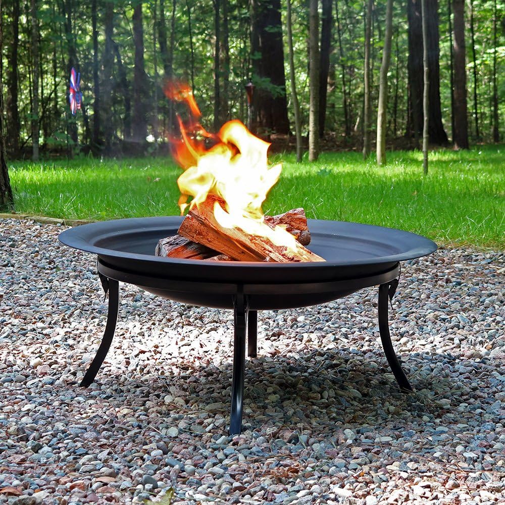 29 Inch Round Wood Burning Fire Pit Bowl with Spark Screen and Folding Stand D241
