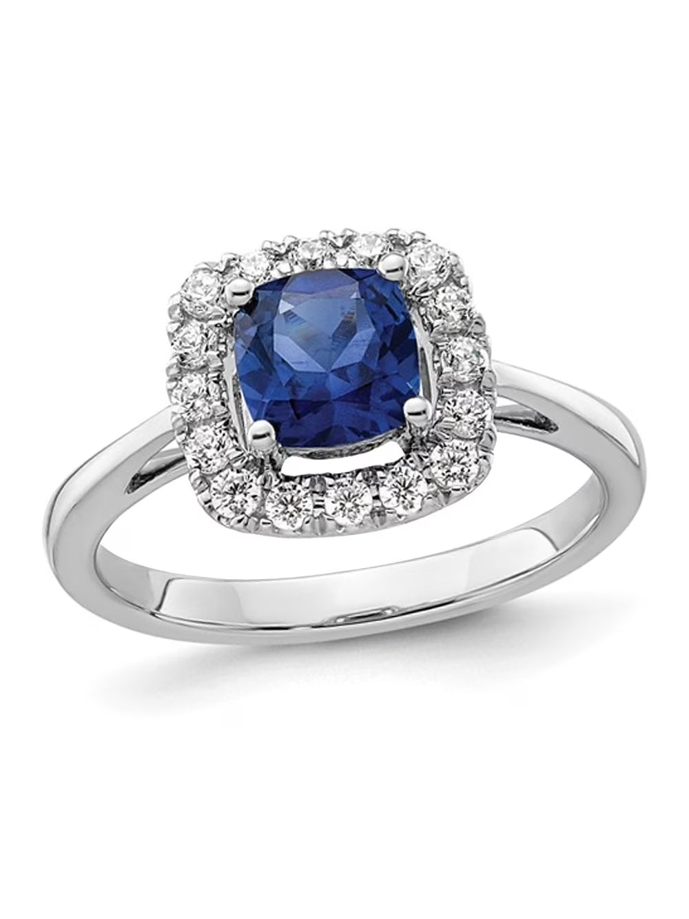 14K White Gold Blue Sapphire Ring with Lab-Grown Diamonds I4486
