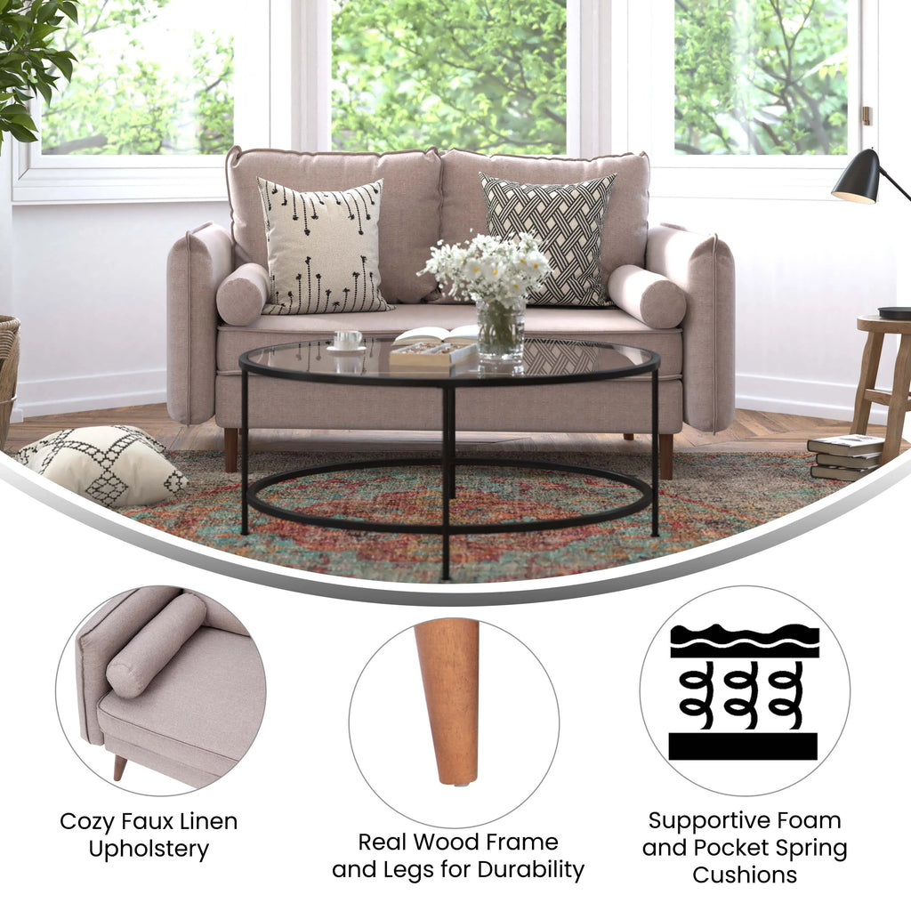 Taupe Faux Linen Loveseat Sofa with Solid Wood Legs D4381