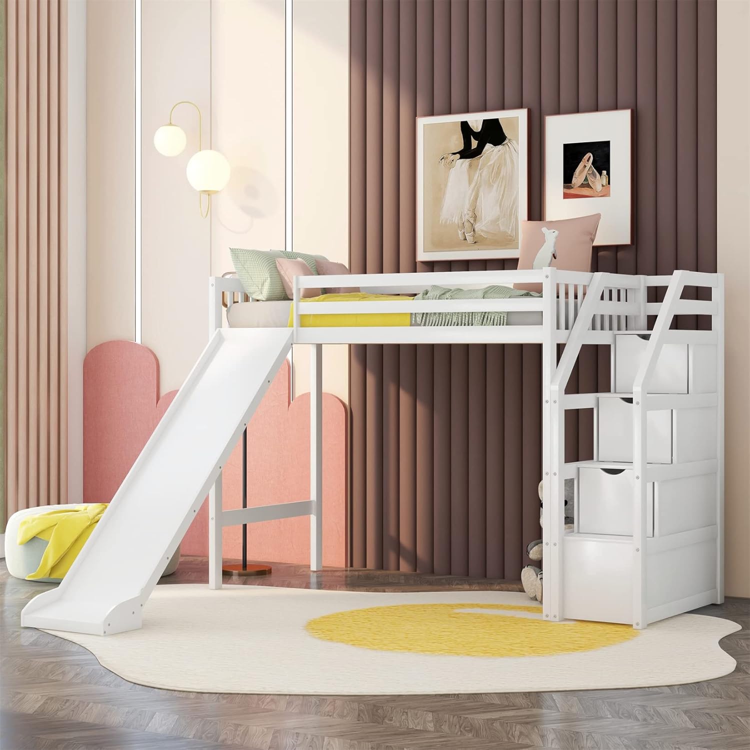 White Wood Twin Loft Bed with Slide and Staircase Storage E397374