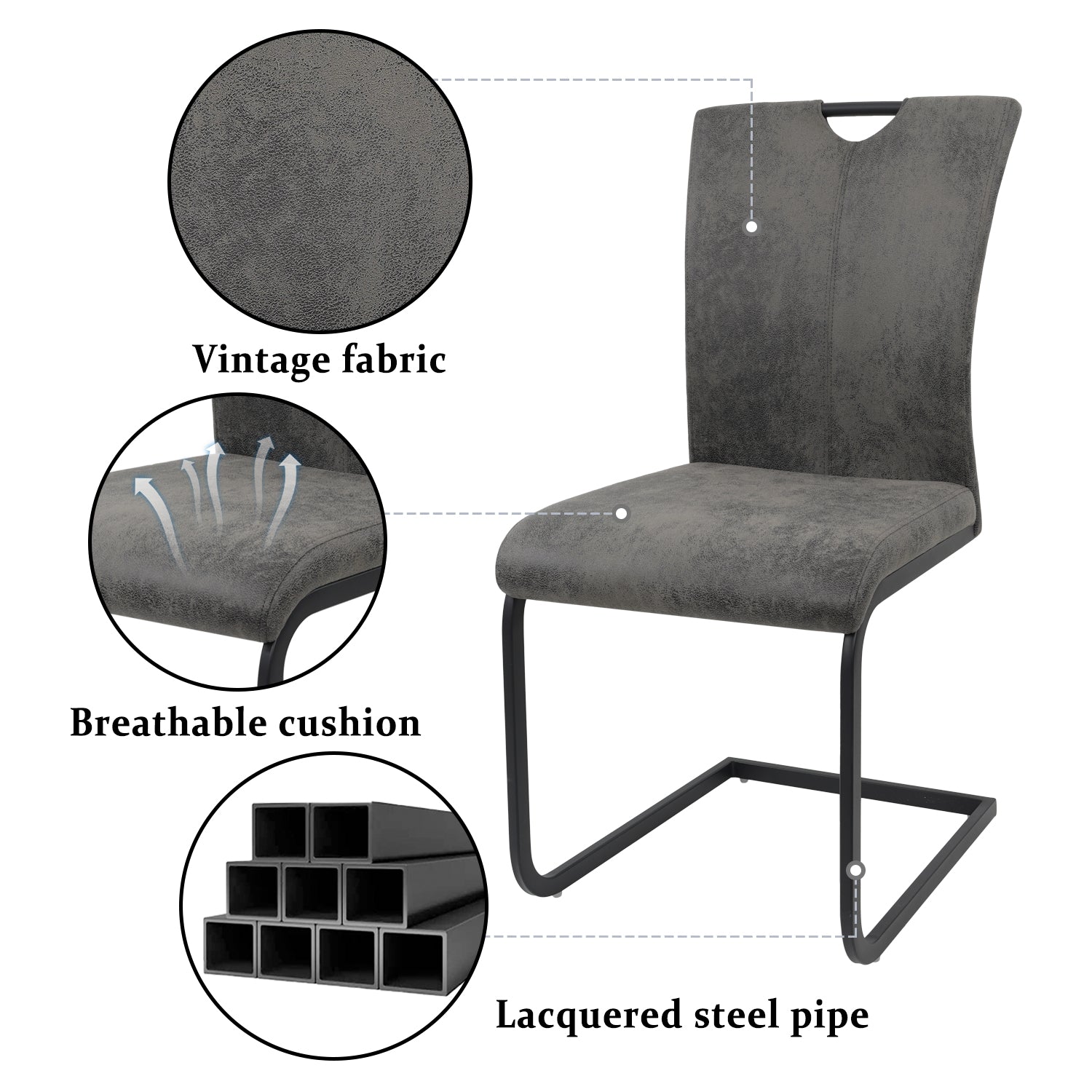 Vintage Fabric Dining Chairs Set of 4 with Handle, High Back Chair, Armless Cantilever Chairs, Grey Y288