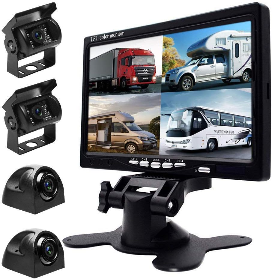 9'' Quad Split Screen HD Rear Backup Camera Monitor System, Waterproof IR Night Vision Backup Camera A1745