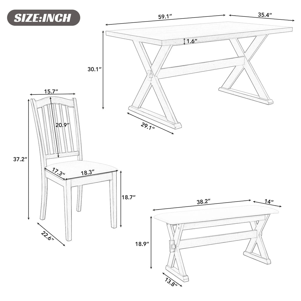 6 Piece Wood Dining Table Set with Bench and 4 Cushioned Chairs V347293