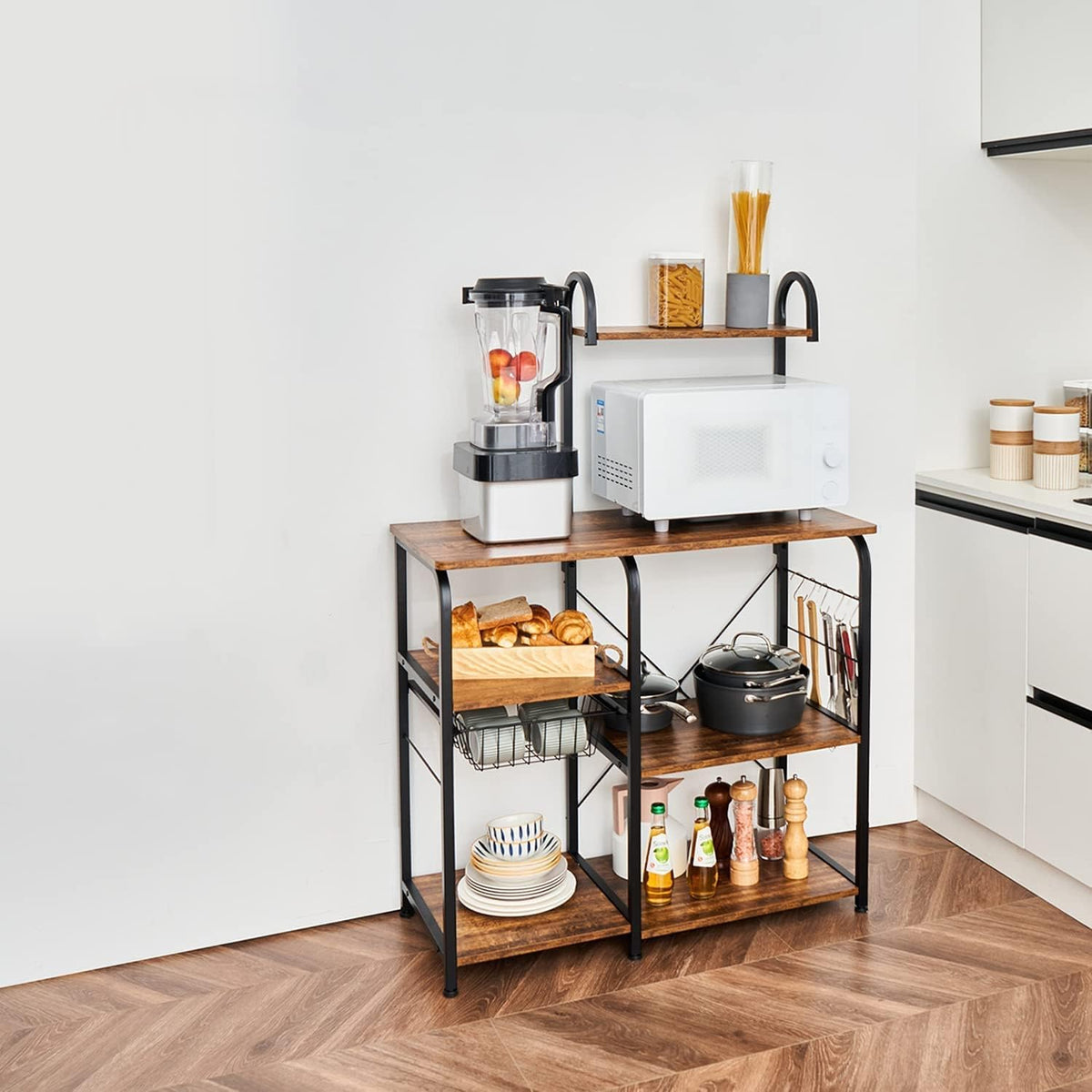 Brown Kitchen Bread Rack, 3 Tiers + 4 Tiers, Microwave Oven Rack with Mesh Basket and 5 Hooks Z773