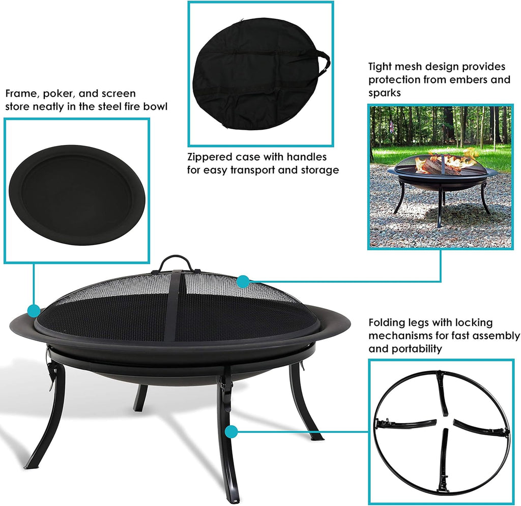29 Inch Round Wood Burning Fire Pit Bowl with Spark Screen and Folding Stand D241