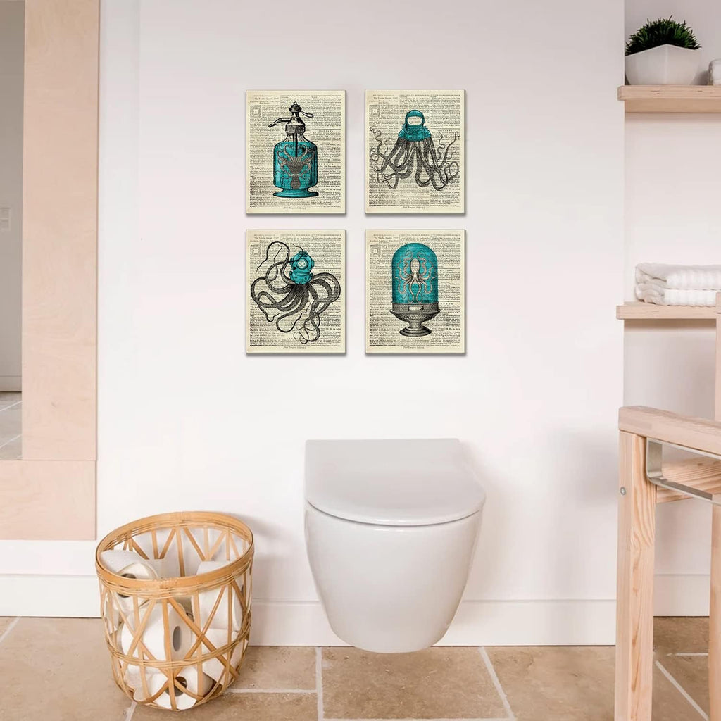 Octopus Nautical Bathroom Wall Decor, 8x10 inch Set of 4 Canvas Wall Art P2407