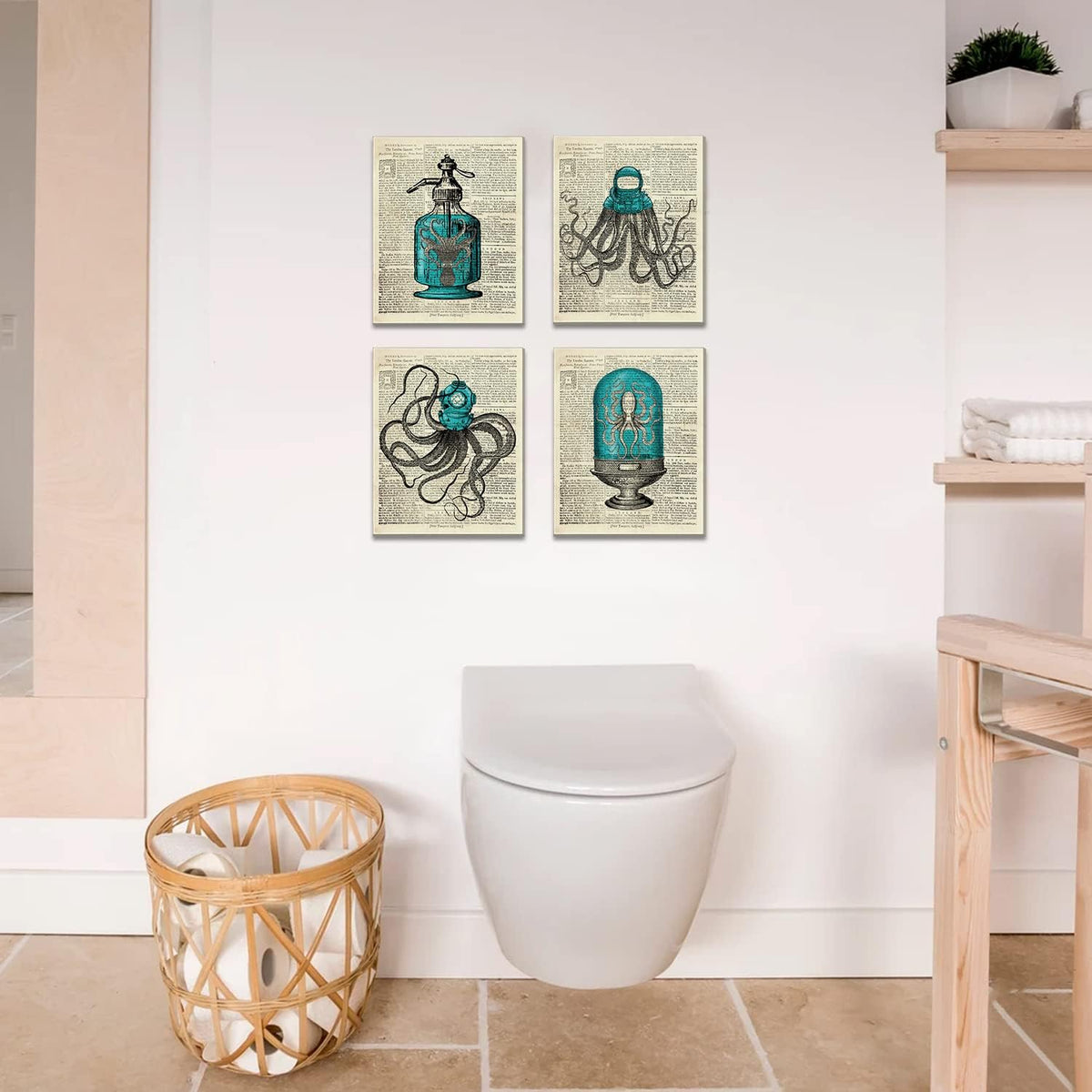 Octopus Nautical Bathroom Wall Decor, 8x10 inch Set of 4 Canvas Wall Art P2407