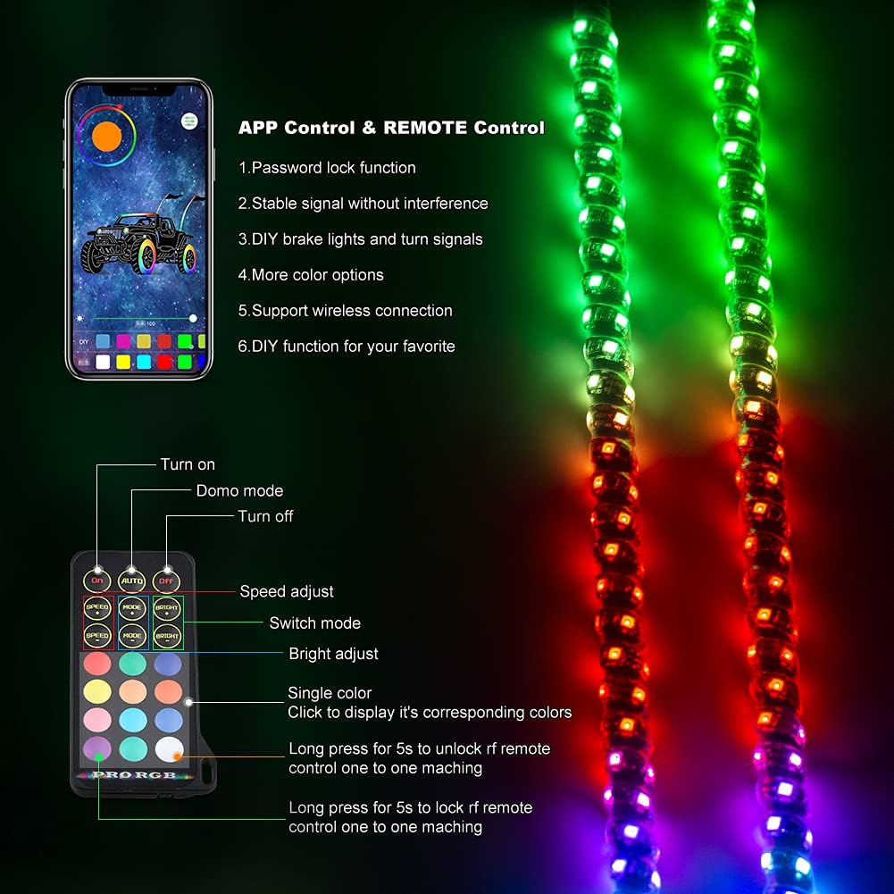 2pc 3ft LED Whip Lights RGB Spiral Whip Lights with Remote Control I860970
