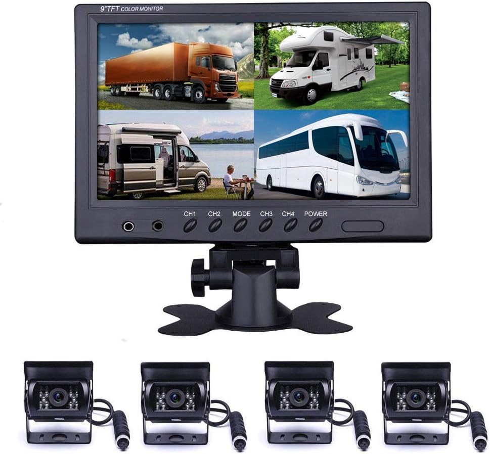 9'' Quad Split Screen HD Rear Backup Camera Monitor System, Waterproof IR Night Vision Backup Camera A1745