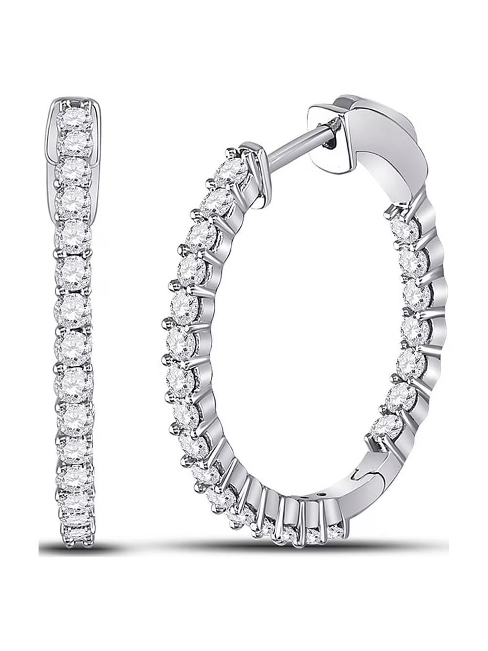14kt White Gold Diamond Single Row Hoop Earrings 1-1/2 Cttw D24443