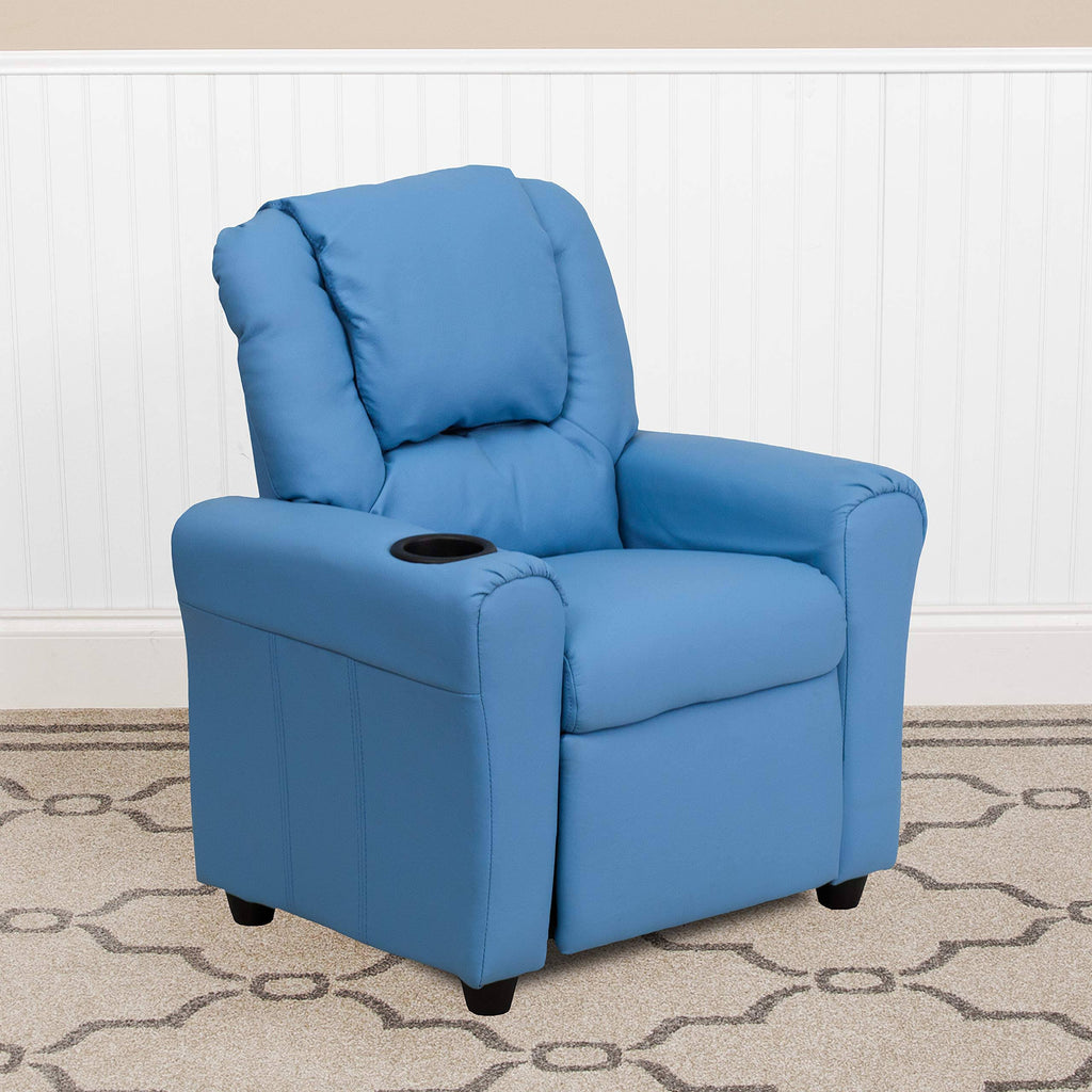 Light Blue Vinyl Kids Recliner with Cup Holder and Headrest O376275