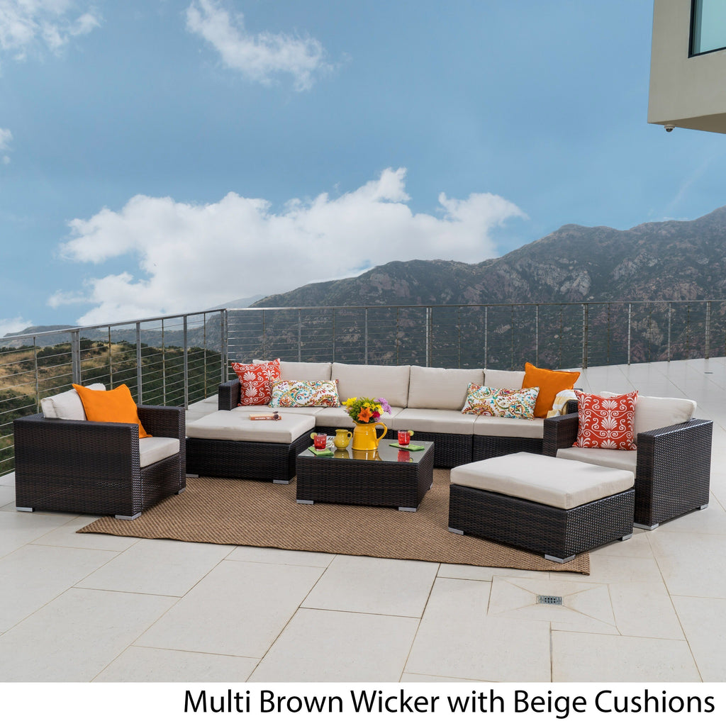 Outdoor Wicker 9-Piece Sectional Sofa with Cushions and Ottomans X1425