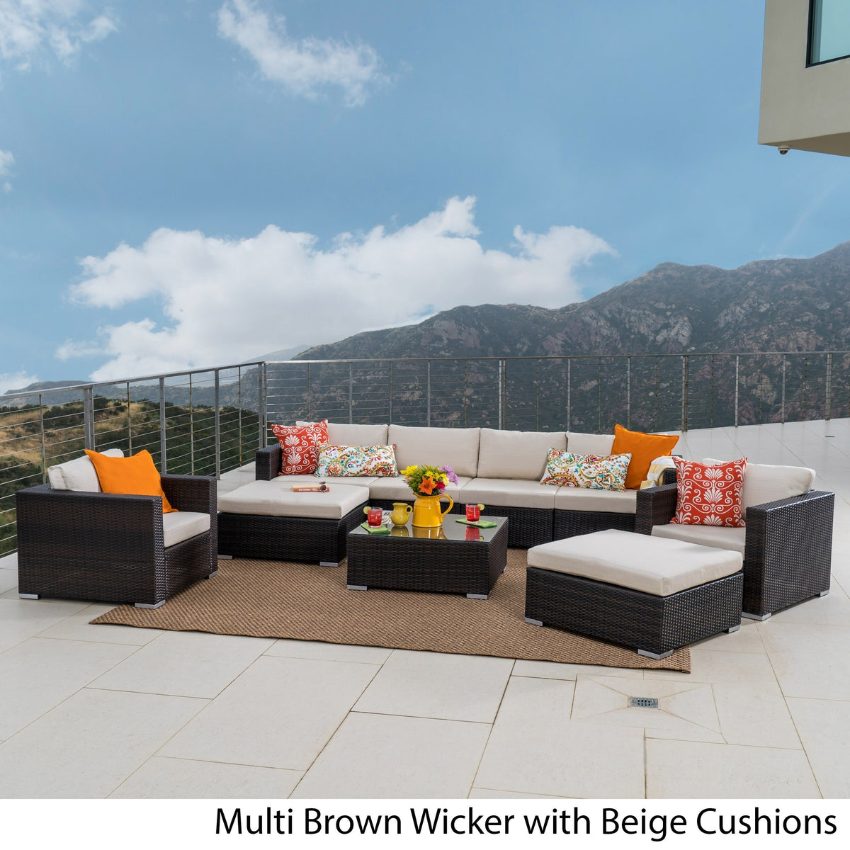 Outdoor Wicker 9-Piece Sectional Sofa with Cushions and Ottomans X1425