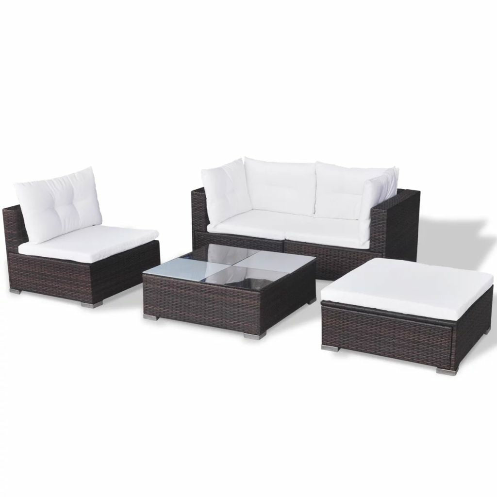 5 Piece Outdoor Sectional Sofa with Coffee Table and Ottoman Set Poly Rattan E6285
