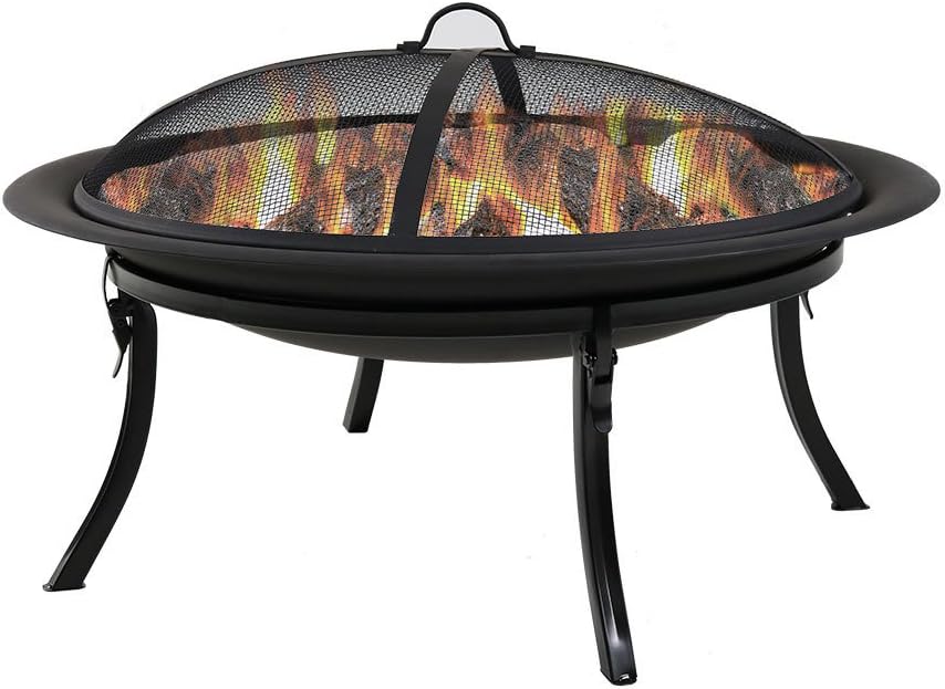 29 Inch Round Wood Burning Fire Pit Bowl with Spark Screen and Folding Stand D241