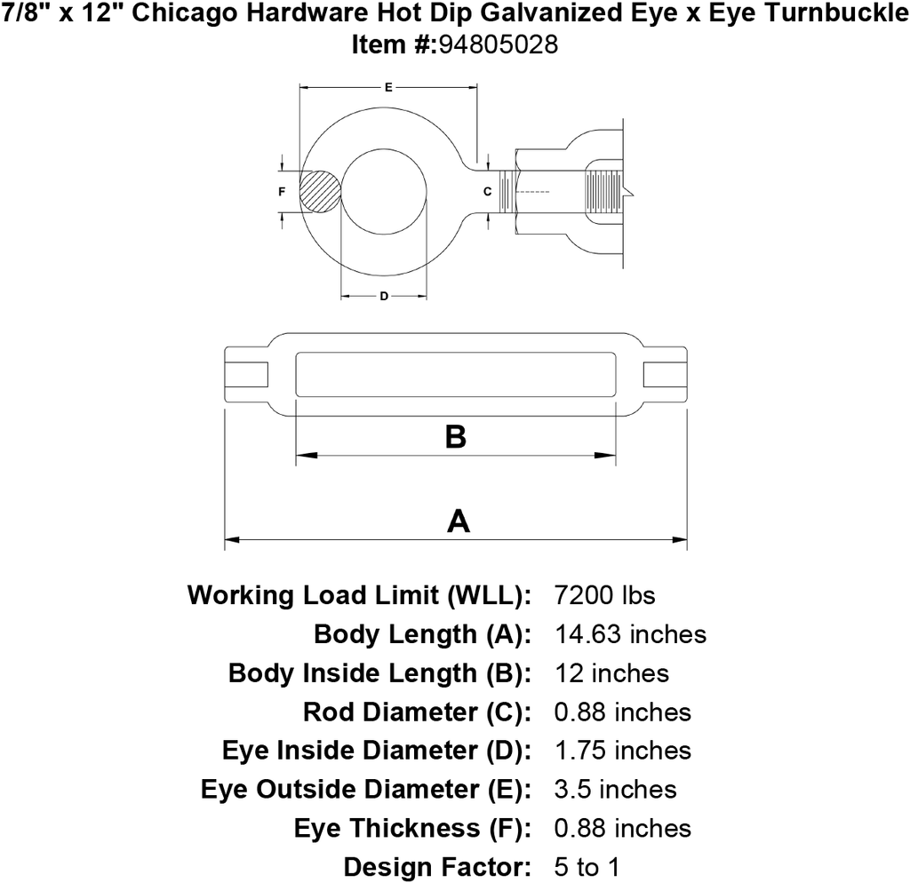 7/8 x 12 Hot Dip Galvanized Eye x Eye Turnbuckle Y9125