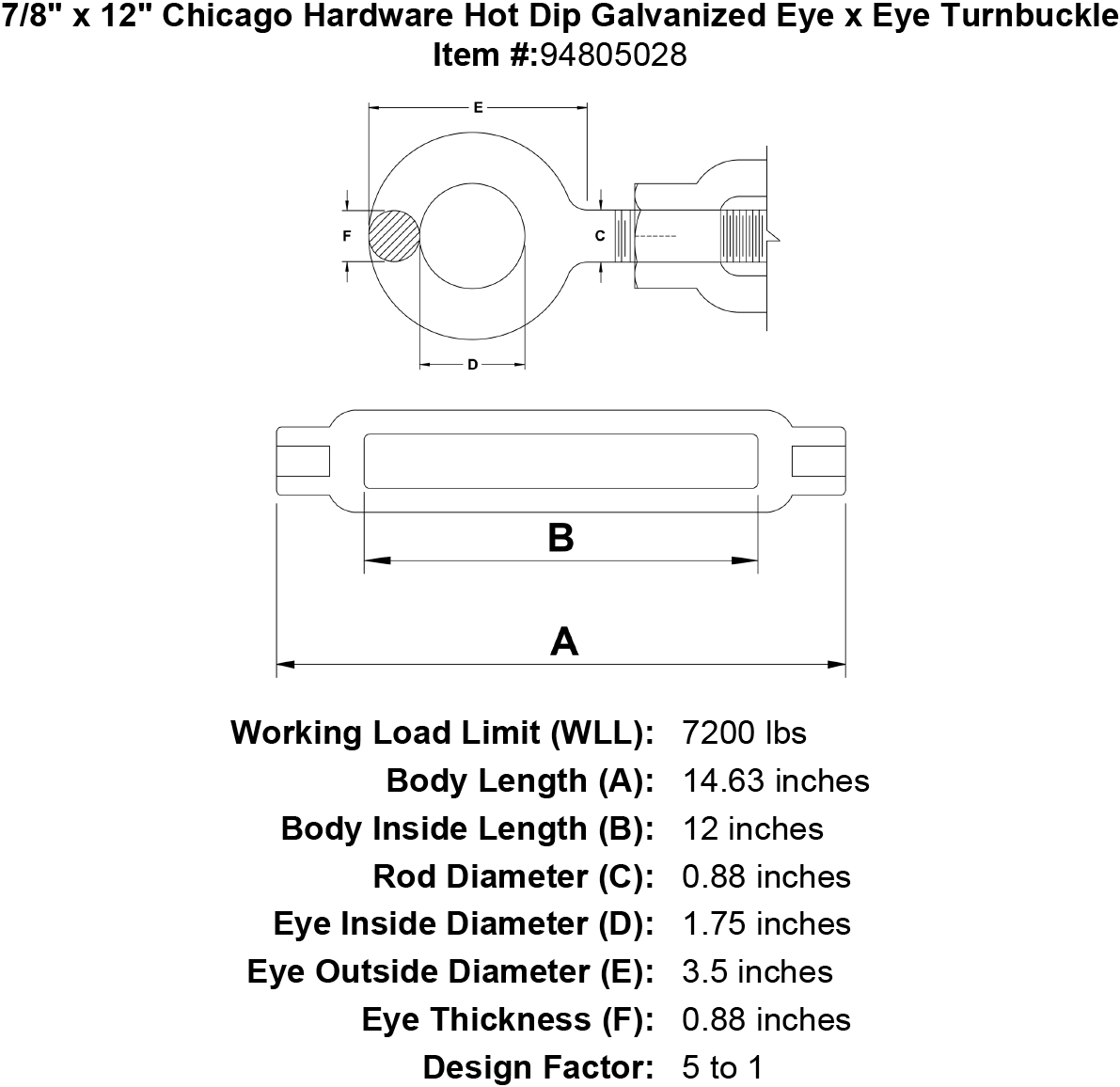 7/8 x 12 Hot Dip Galvanized Eye x Eye Turnbuckle Y9125