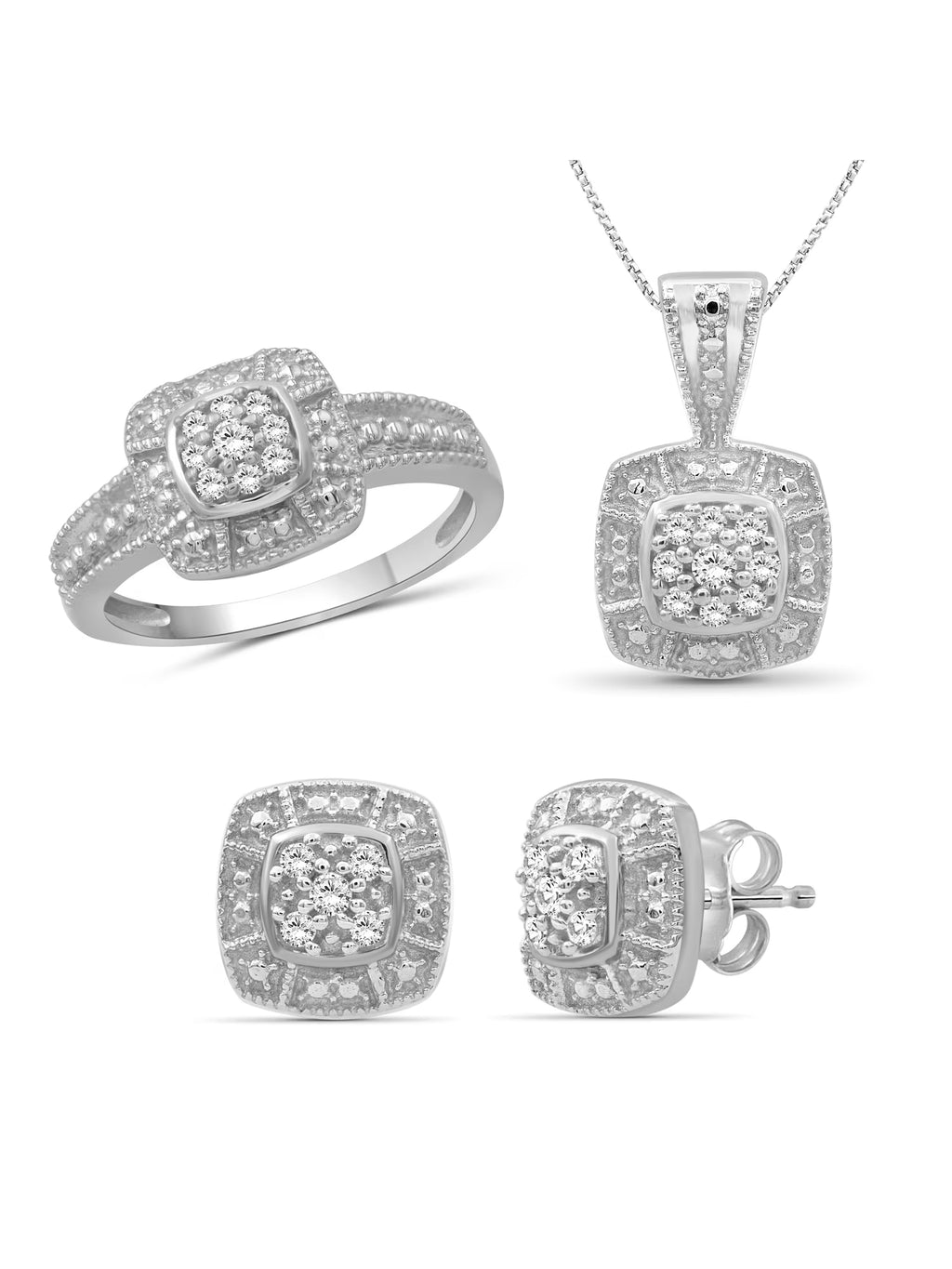 3-Piece 1/3 Carat White Diamond Sterling Silver Earrings Set, Necklace, Rings M7962