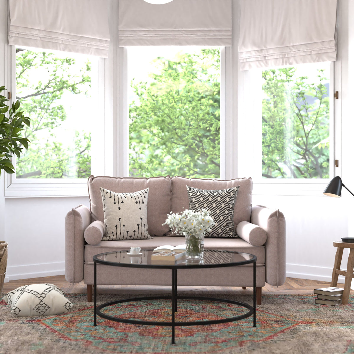 Taupe Faux Linen Loveseat Sofa with Solid Wood Legs D4381