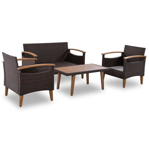 4-Piece PE Rattan Outdoor Sofa Set with Wood Table and Legs J1600