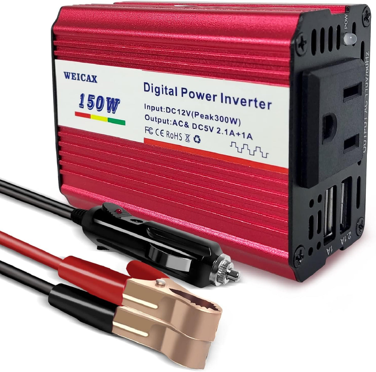 300W Power Inverter, 12V to 110V, 4 USB Port, 3 AC Outlets, Metal Housing C410870