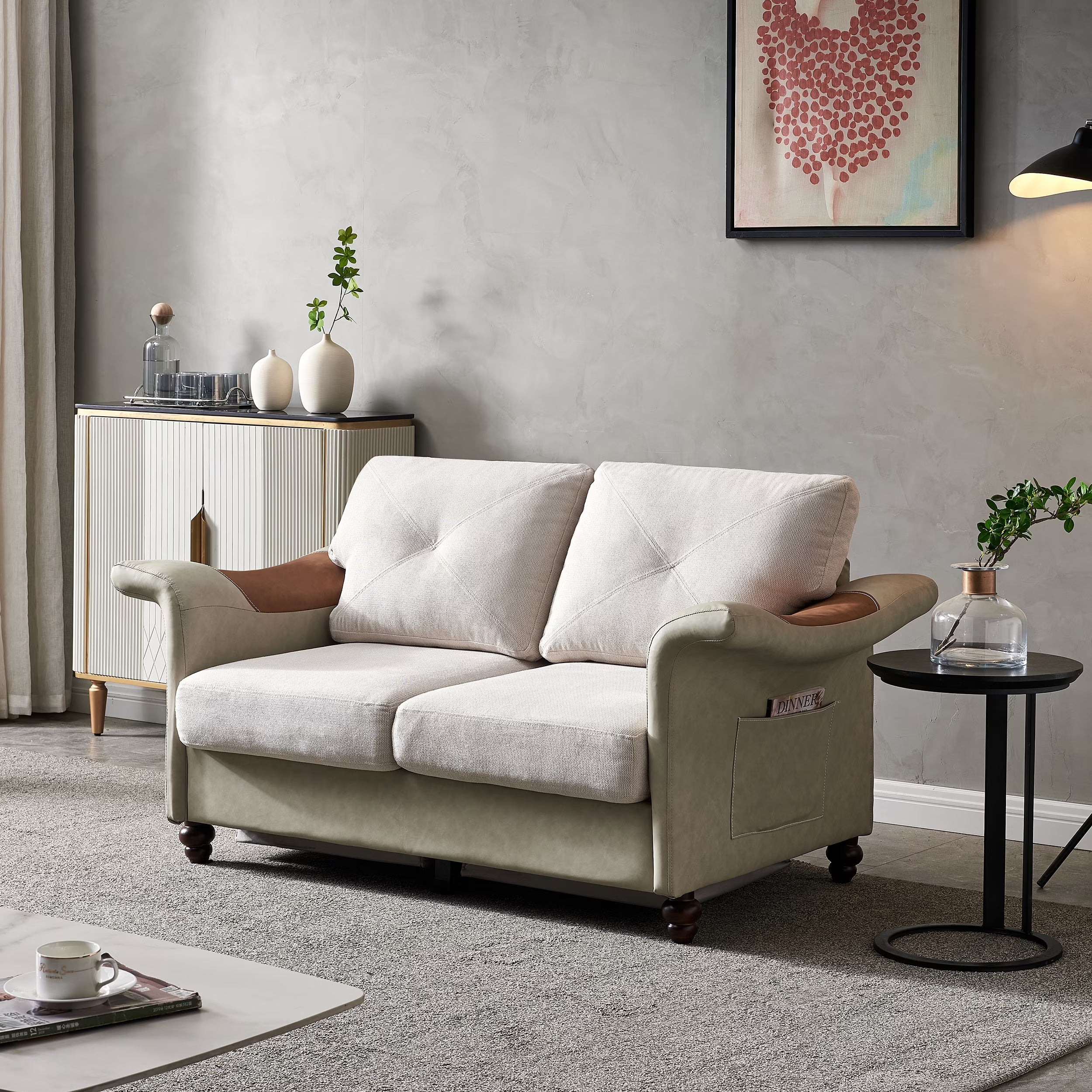 Beige Linen Faux Leather Wood Leg Love Seat Y301