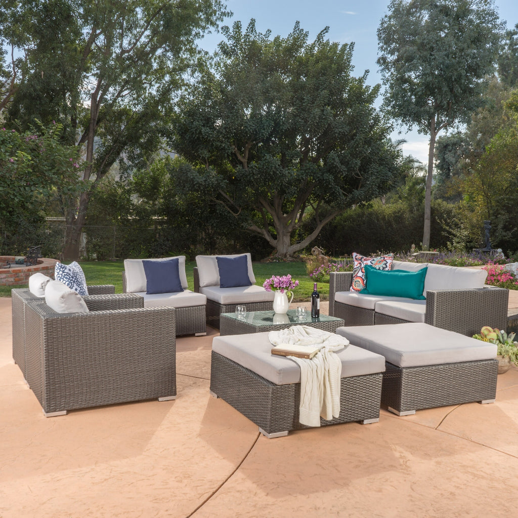 Outdoor Wicker 9-Piece Sectional Sofa with Cushions and Ottomans X1425