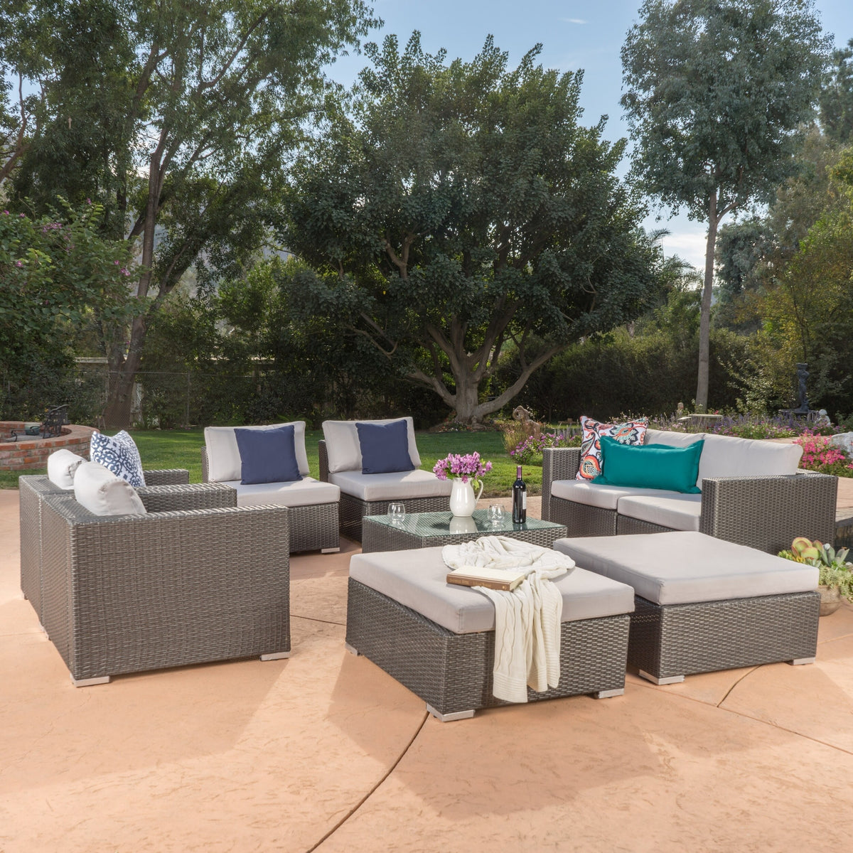 Outdoor Wicker 9-Piece Sectional Sofa with Cushions and Ottomans X1425