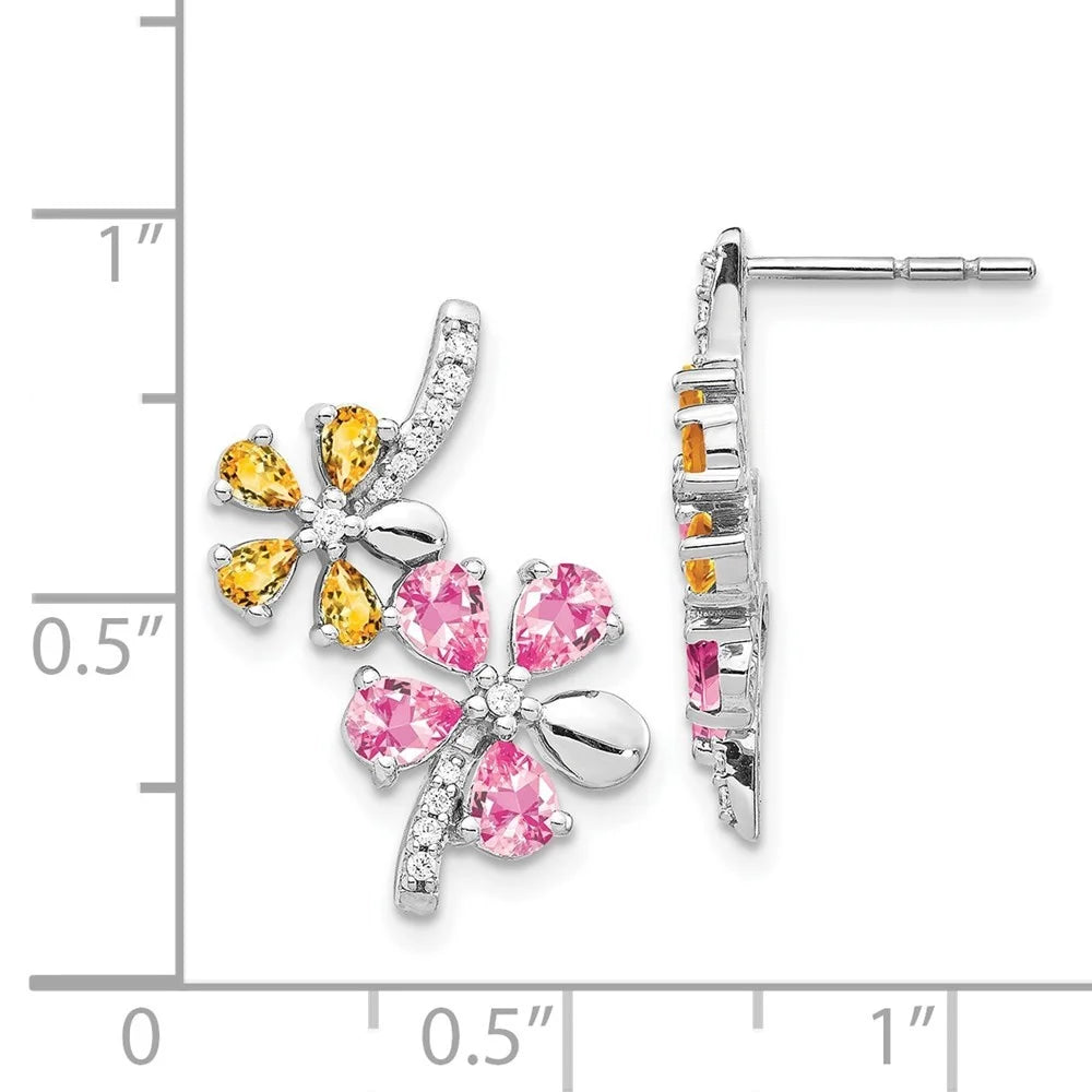 14k White Gold Diamond and Citrine Flower Stud Earrings R383